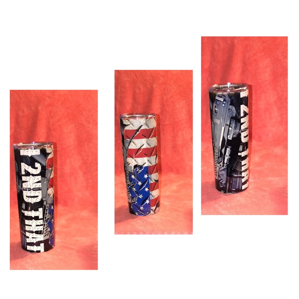 20oz skinny tumbler “ I 2nd that “ with the American flag and a A R imag…